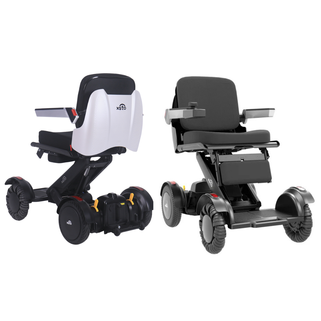 The XSTO Mobility M4 Self-Balancing Powerchair with APP Control is shown from multiple angles, featuring black seats, armrests, and large wheels—an ideal travel mobility chair for comfort and ease on the go.