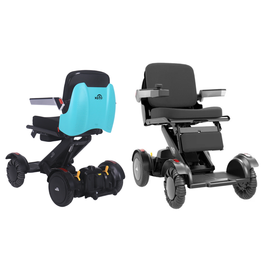 The XSTO Mobility M4 Self-Balancing Powerchair with APP Control is shown side by side with another electric wheelchair; the M4 features a turquoise backrest and compact, lightweight foldable design, while the other has a black backrest, wider seat, and sturdy wheels.