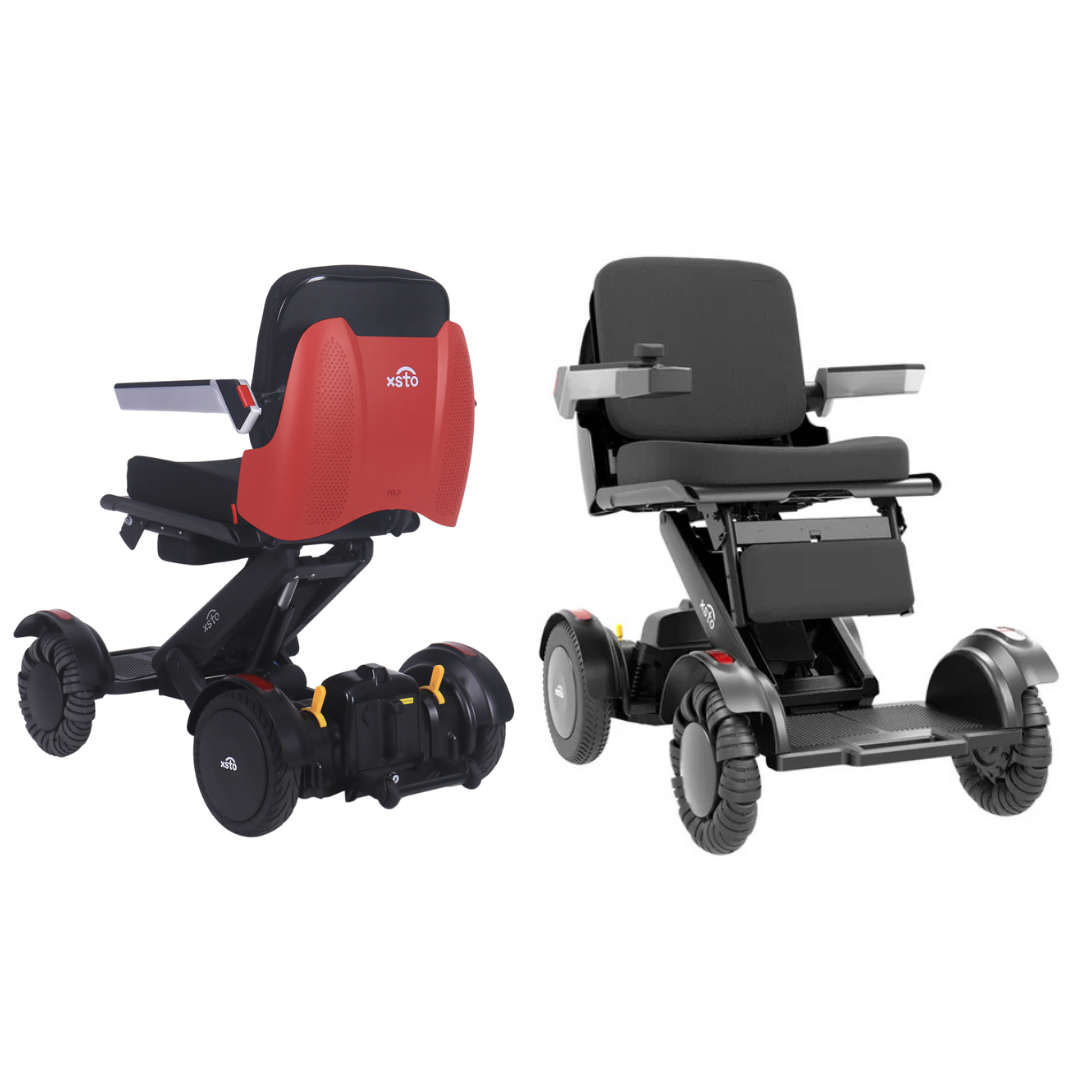 Two modern XSTO Mobility M4 Self-Balancing Powerchairs with APP Control are shown: one from the back with a red backrest, and one from the front featuring a black seat and adjustable armrests—perfect for convenient travel mobility.