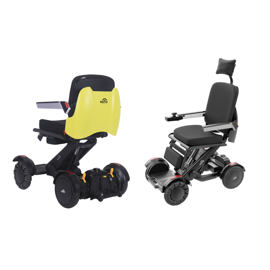 Two XSTO Mobility M4 Self-Balancing Powerchairs with APP Control are shown side by side. One has a bright yellow backrest, the other a black headrest and backrest. Both feature large wheels, sturdy frames, and are ideal for travel mobility convenience.
